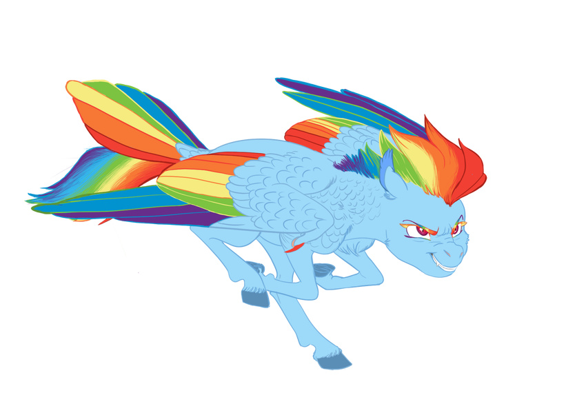 blue_feathers blue_fur earthsong9405 equine eyebrows feathered_wings feathers female feral friendship_is_magic fur green_feathers hair hooves mammal multicolored_hair my_little_pony orange_feathers pegasus pink_eyes purple_feathers rainbow_dash_(mlp) rainbow_hair red_feathers running simple_background smile solo wings yellow_feathers