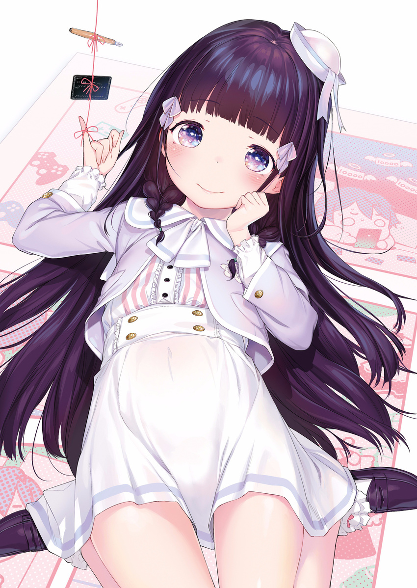 absurdres bangs black_footwear blush braid closed_mouth dress eyebrows_visible_through_hair hat henreader highres kyou_kara_ore_wa_loli_no_himo! loafers long_hair looking_at_viewer lying mini_hat on_back pink_string pinky_out sailor_dress shoes smile socks solo string string_around_finger twin_braids white_dress white_legwear
