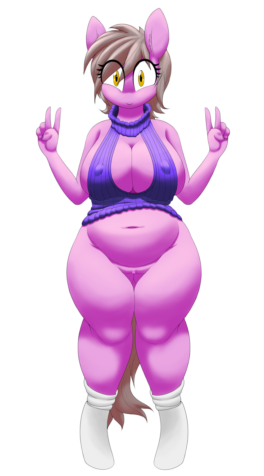 2016 amber_eyes anthro blonde_hair bottomless breasts cleavage clothed clothing equine fan_character female hair hazama horse mammal my_little_pony peace_sign_(disambiguation) pony pussy replica_(artist) reppy solo v_sign