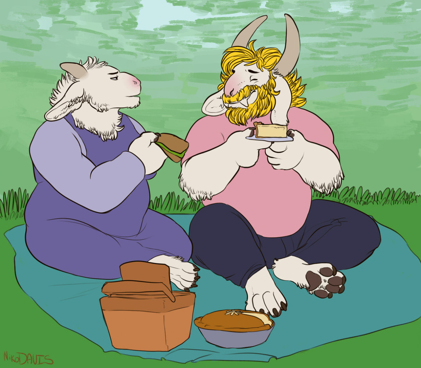 asgore_dreemurr beard boss_monster caprine clothed clothing facial_hair food fur goat grass horn long_ears mammal nikodavis outside paws pie sandwich_(disambiguation) signed toriel undertale video_games white_fur