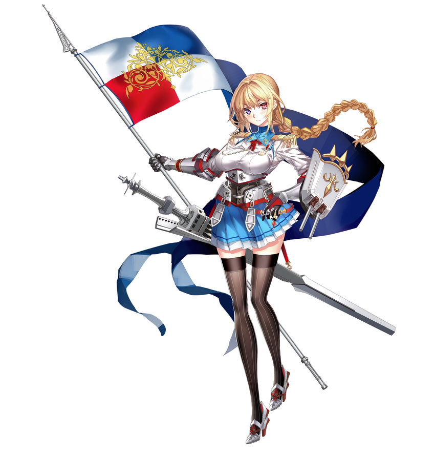 aiguillette armor banner belt blonde_hair blue_eyes blue_skirt blush braid breasts brown_legwear cannon closed_mouth epaulettes flag fleur_de_lis full_body gauntlets hair_between_eyes hand_on_hip heterochromia high_heels highres holding jeanne_d'arc_(zhan_jian_shao_nyu) large_breasts long_hair long_sleeves looking_at_viewer machinery medal military military_uniform miyazaki_byou official_art pleated_skirt red_eyes red_ribbon ribbon rigging scabbard sheath shield shirt skirt solo standing striped striped_legwear sword thighhighs thighs turret uniform vertical-striped_legwear vertical_stripes weapon white_background white_shirt zettai_ryouiki zhan_jian_shao_nyu