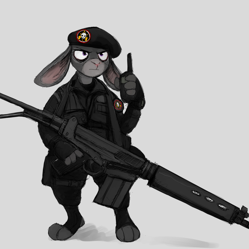 2016 anthro armor beret body_armor clothed clothing colored_sketch disney female fingerless_gloves fur gloves grey_fur gun handgun hat hladilnik holding_object holding_weapon holster insignia judy_hopps lagomorph mammal military pink_nose pistol purple_eyes rabbit radio ranged_weapon rifle simple_background solo uniform weapon white_background zootopia