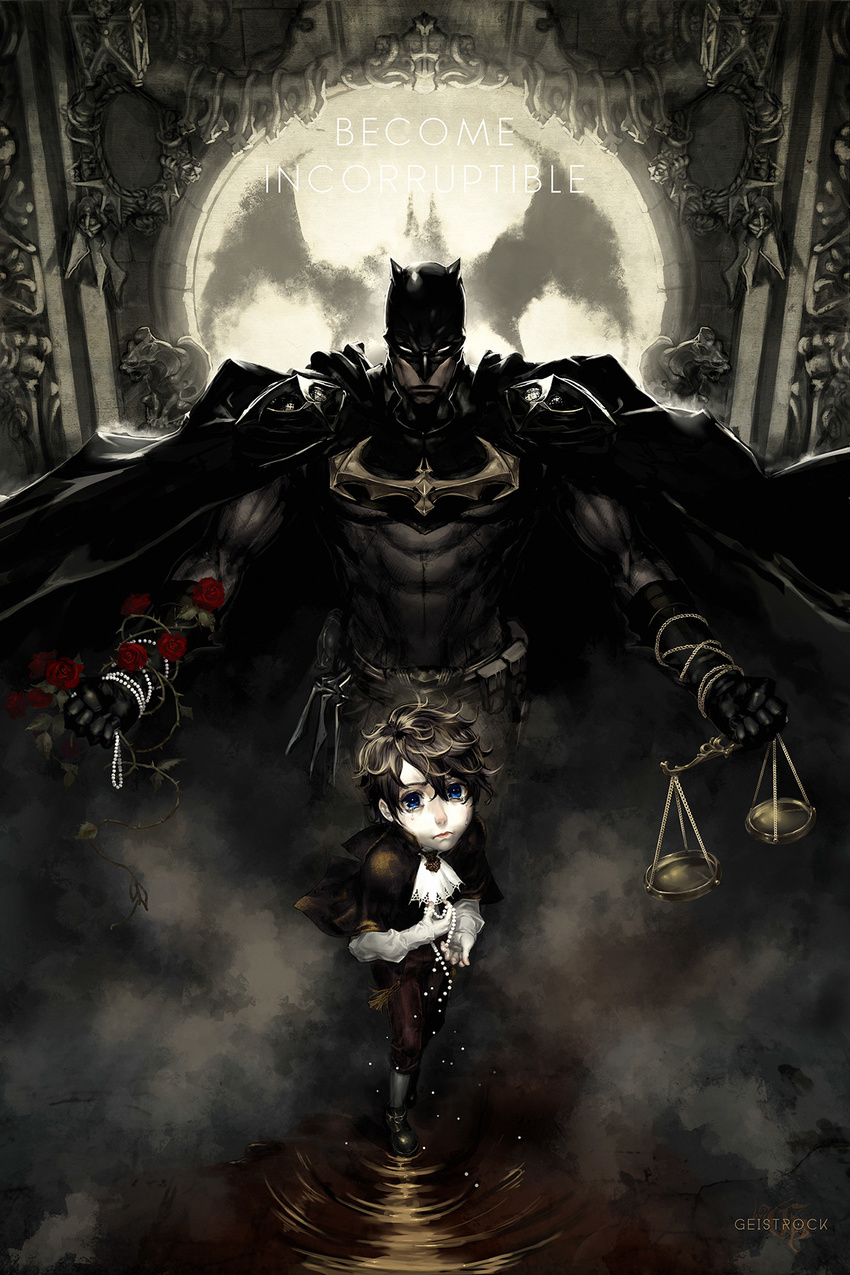 age_progression artstation_sample batman batman_(series) bead_necklace beads bruce_wayne cape dc_comics dual_persona emblem flower highres image_sample jewelry looking_at_viewer mask multiple_boys necklace plant rose scales superhero t.j._geisen vines