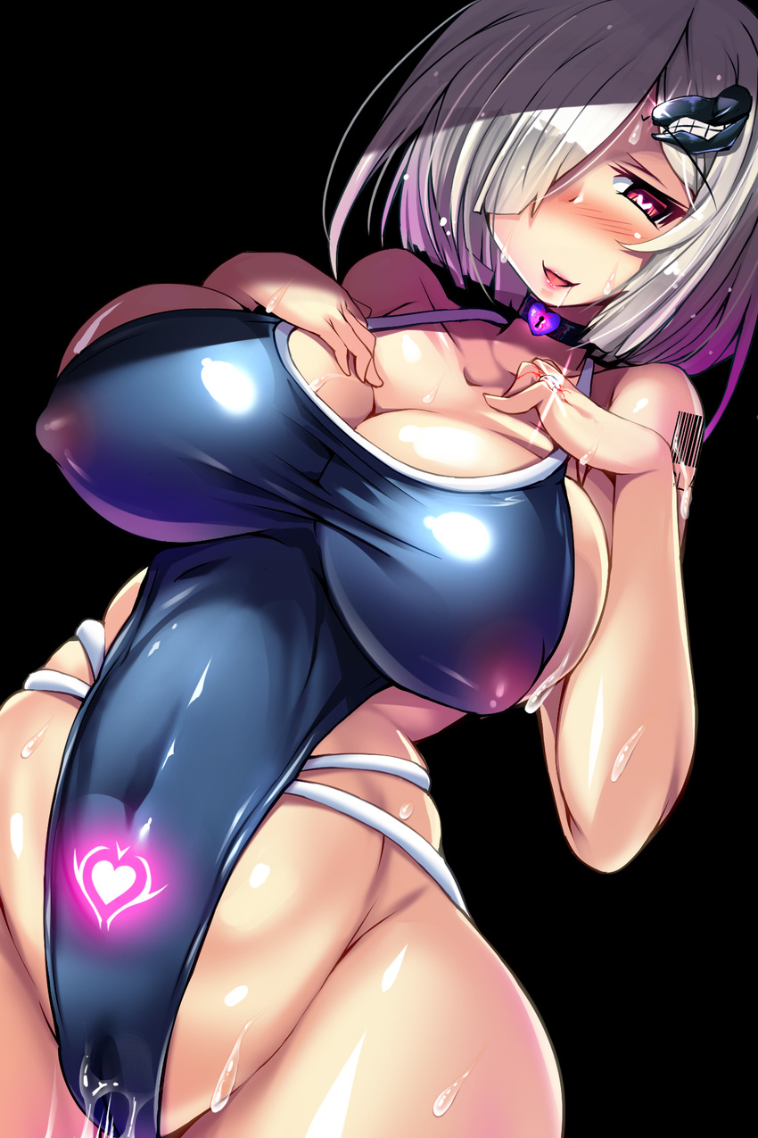 :d alternate_eye_color barcode_tattoo bare_shoulders black_background blue_swimsuit blush breasts bright_pupils bursting_breasts cameltoe choker cleavage collarbone competition_school_swimsuit corruption covered_navel covered_nipples cowboy_shot dark_persona dutch_angle glint glowing groin hair_ornament hair_over_one_eye hairclip half-closed_eyes hamakaze_(kantai_collection) hands_on_own_chest heart heart-shaped_lock heart-shaped_pupils heart_lock_(kantai_collection) highleg highleg_swimsuit highres hips huge_breasts impossible_clothes impossible_swimsuit jewelry kantai_collection lips lock looking_at_viewer naughty_face one-piece_swimsuit open_mouth pussy_juice pussy_juice_drip_through_clothes pussy_juice_stain red_eyes ring saliva school_swimsuit shade shiny shiny_clothes shiny_skin short_hair sideboob silver_hair simple_background skin_tight skindentation smile solo sweat swimsuit symbol-shaped_pupils tattoo taut_clothes taut_swimsuit torisan white_background