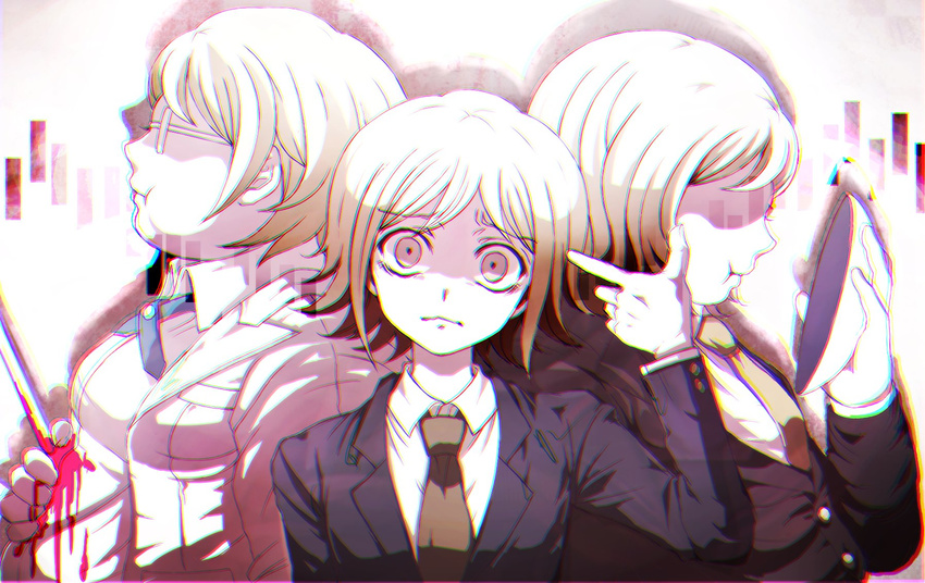 blonde_hair blood danganronpa danganronpa_3 doraraemon dual_persona finger_gun formal glasses highres male_focus mask mitarai_ryouta multiple_boys necktie pink_blood shaded_face short_hair suit super_danganronpa_2 togami_byakuya_(super_danganronpa_2) upper_body