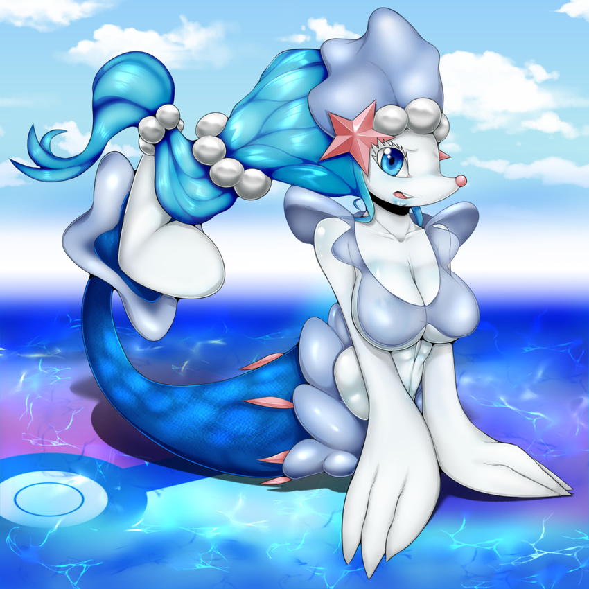 blue_eyes blue_hair blue_skin breasts cleavage furry gen_7_pokemon hair_bobbles hair_ornament highres large_breasts long_hair low-tied_long_hair madartraven mermaid monster_girl personification pokemon pokemon_(game) pokemon_sm primarina snout solo underboob white_skin