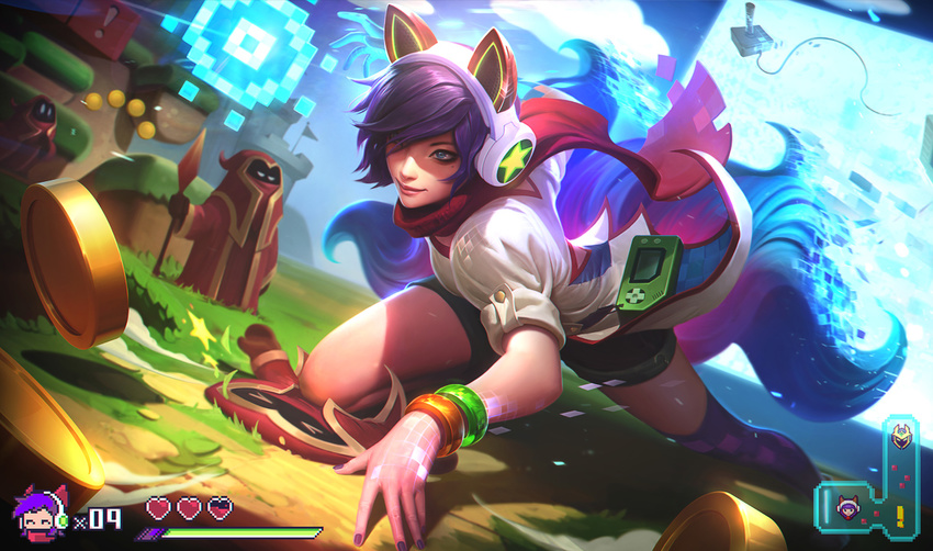 &gt;_&lt; ^_^ ahri alex_flores all_fours alternate_costume animal_ears arcade_ahri bangle black_shorts blue_eyes bracelet brown_gloves closed_eyes closed_mouth cloud coin controller dutch_angle fake_screenshot final_boss_veigar fox_ears fox_tail gloves glowing glowing_hand grass hair_over_one_eye handheld_game_console headphones health_bar heart holding holding_weapon hood jewelry joystick league_of_legends mole mole_under_eye multiple_tails nail_polish number official_art on_ground pixels polearm puffy_short_sleeves puffy_sleeves purple_hair purple_legwear purple_nails red_scarf robe scarf shirt short_shorts short_sleeves shorts single_thighhigh smile spear standing tail thighhighs veigar weapon white_shirt |_|