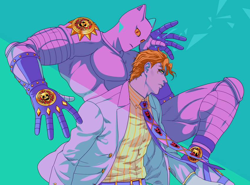 aqua_eyes formal highres jojo_no_kimyou_na_bouken killer_queen kira_yoshikage male_focus necktie orange_hair profile purple_skin shirt stand_(jojo) striped striped_shirt suit tariah_furlow upper_body vertical-striped_shirt vertical_stripes