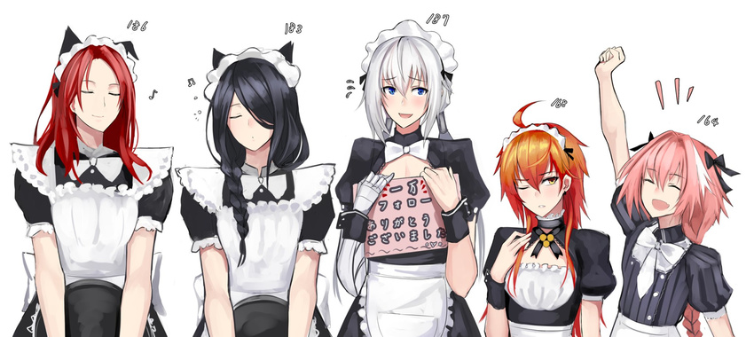ahoge alternate_costume animal_ears astolfo_(fate) bedivere black_hair blue_eyes blush braid cat_ears closed_eyes crossdressing downscaled enmaided fate/apocrypha fate/grand_order fate/prototype fate/prototype:_fragments_of_blue_and_silver fate_(series) highres looking_at_viewer maid md5_mismatch multiple_boys one_eye_closed orange_hair otoko_no_ko paracelsus_(fate) pink_hair rama_(fate/grand_order) red_hair resized shijiu_(adamhutt) short_hair translated tristan_(fate/grand_order) white_background white_hair