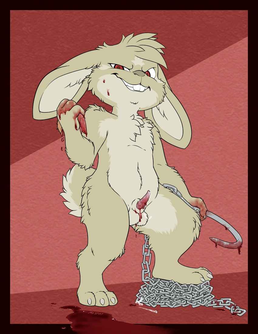 animal_genitalia anthro balls blood border buckteeth dripping erection evil_face gore holding_object holding_weapon lagomorph looking_at_viewer malachyte male mammal maxy meat_hook nude penis rabbit sheath smile smirk solo step_pose teeth weapon