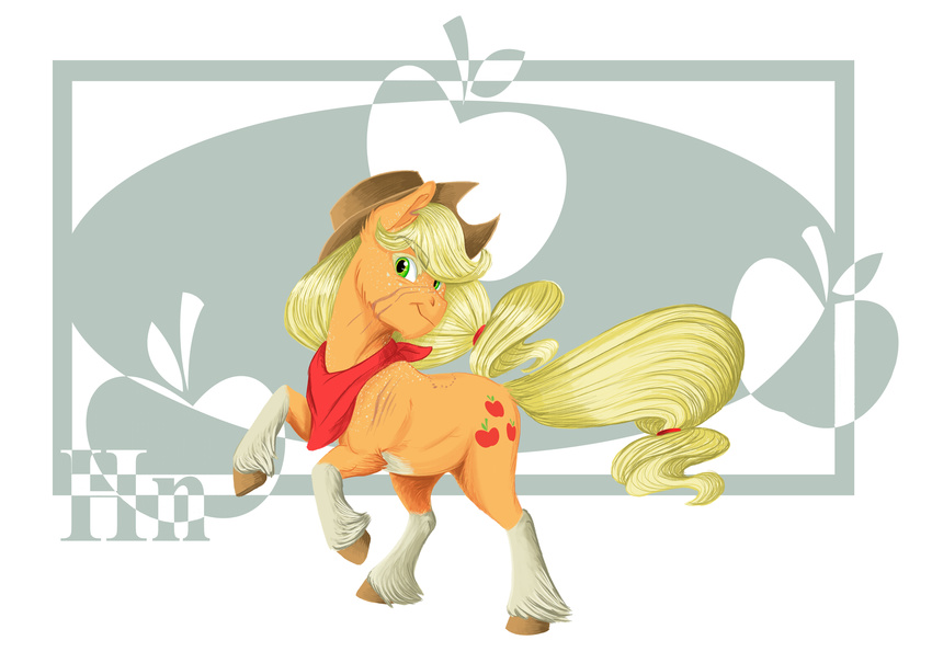 2016 applejack_(mlp) bandanna blonde_hair cutie_mark earth_pony earthsong9405 equine female feral freckles friendship_is_magic fur green_eyes hair hat hooves horn horse mammal my_little_pony pony simple_background smile solo