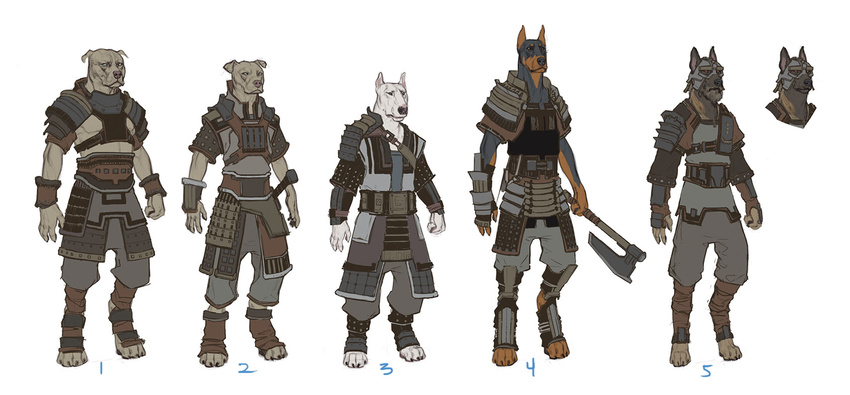 ambiguous_gender anthro armor axe canine clothing digitigrade dog helmet hi_res lineup mammal melee_weapon overgrowth steve_hong weapon