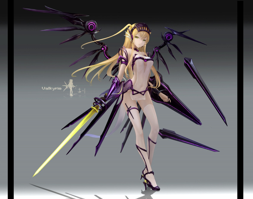 1girl arm_guards bare_shoulders blonde_hair breasts cleavage collar dress eyebrows_visible_through_hair gradient gradient_background grey_background halterneck long_hair looking_at_viewer medium_breasts no_panties one_side_up original see-through shield solo standing sword thighhighs wangchuan_de_quanyan weapon white_dress white_legwear wings yellow_eyes