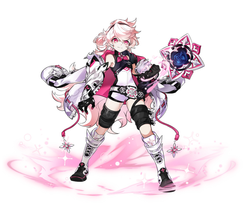 1girl armor artist_request black_gloves black_hairband boots clenched_hand closed_mouth elsword eternity_winner_(elsword) full_body gauntlets gloves hairband jacket_on_shoulders knee_boots laby_(elsword) long_hair looking_at_viewer mirror nisha_(elsword) official_art pink_eyes shorts smile solo transparent_background white_coat white_footwear white_hair