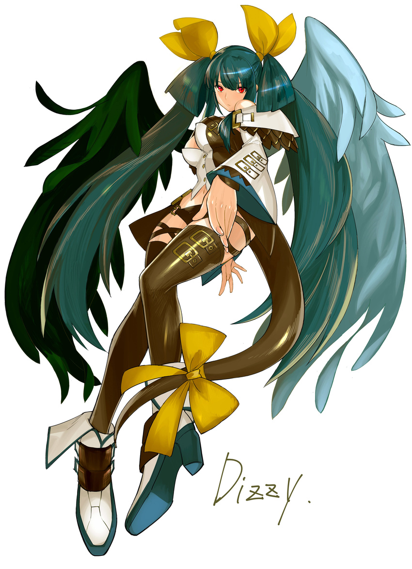 absurdres asymmetrical_wings bare_shoulders blue_hair breasts dizzy guilty_gear highres large_breasts looking_at_viewer red_eyes ribbon solo tail tail_ribbon tetsu_(kimuchi) thighhighs wings