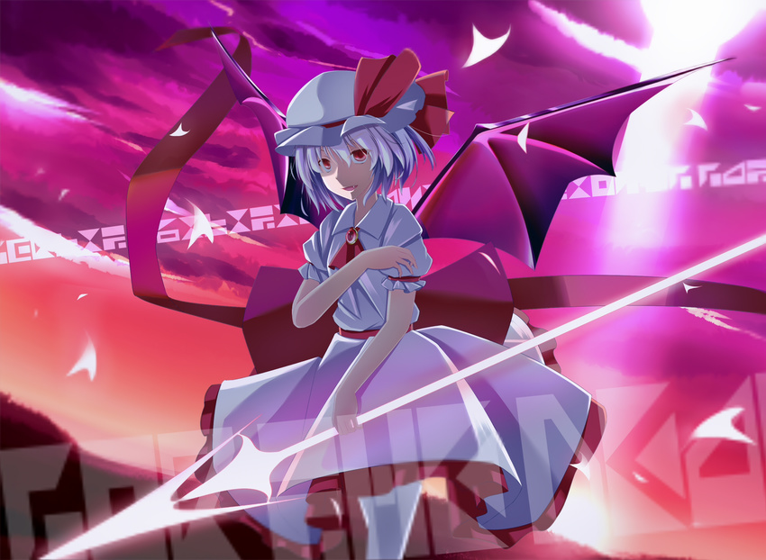 arm_garter ascot bat_wings brooch commentary_request danmaku dress fang hat hat_ribbon highres jewelry lavender_hair looking_at_viewer mob_cap mujina_tanuki outdoors parted_lips puffy_short_sleeves puffy_sleeves red_eyes red_ribbon remilia_scarlet ribbon sash short_hair short_sleeves smile solo spear_the_gungnir touhou white_dress wings