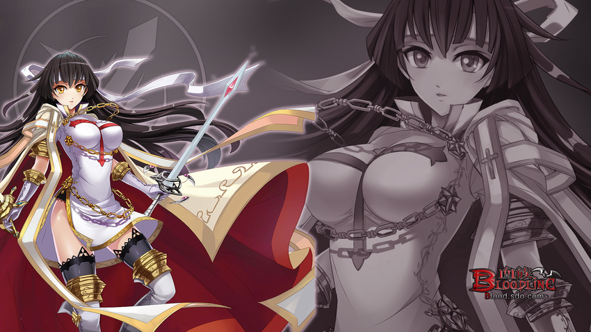 artist_request black_hair black_legwear bloodline breasts cape cowboy_shot dress floating_hair highres holding holding_staff large_breasts long_hair looking_at_viewer non-web_source solo source_request staff standing thighhighs upper_body very_long_hair war_maiden_(bloodline) weapon white_cape white_dress wind zoom_layer