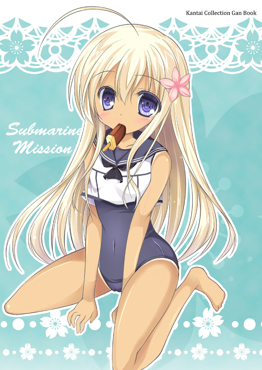 blonde_hair blue_eyes crop_top flower food hair_flower hair_ornament hibiscus highres kantai_collection long_hair mouth_hold one-piece_tan popsicle ro-500_(kantai_collection) rokugou_karasu sailor_collar school_swimsuit sitting solo swimsuit swimsuit_under_clothes tan tanline wariza