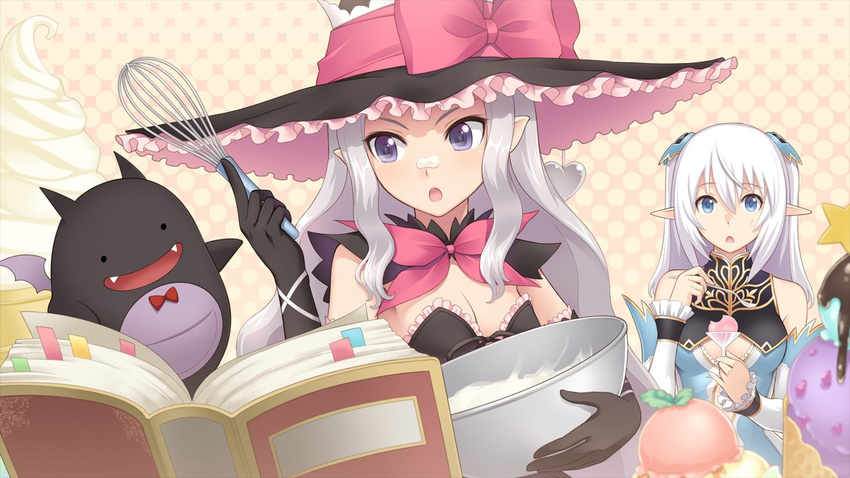 :o altina_(shining_blade) baking bare_shoulders bat_wings black_skin blade_arcus_from_shining blank_eyes blue_eyes blurry book bookmark bow bowl bowtie breasts chocolate cleavage cookbook cooking cream cream_on_face cup depth_of_field detached_sleeves dress drinking_glass ears eating elbow_gloves elf eyebrows eyebrows_visible_through_hair fangs food food_on_face frilled_dress frilled_hat frills fringe_trim game_cg gloves grey_hair hair_between_eyes hat heart holding ice_cream ice_cream_cone long_hair melty_(shining_hearts) multiple_girls non-web_source open_mouth patterned_background pet pink_bow pink_neckwear pointy_ears purple_eyes reading shining_(series) shining_blade shining_hearts small_breasts smile sorbe_(shining_hearts) spoon star surprised sweatdrop tanaka_takayuki upper_body whipped_cream whisk white_hair wine_glass wings witch_hat