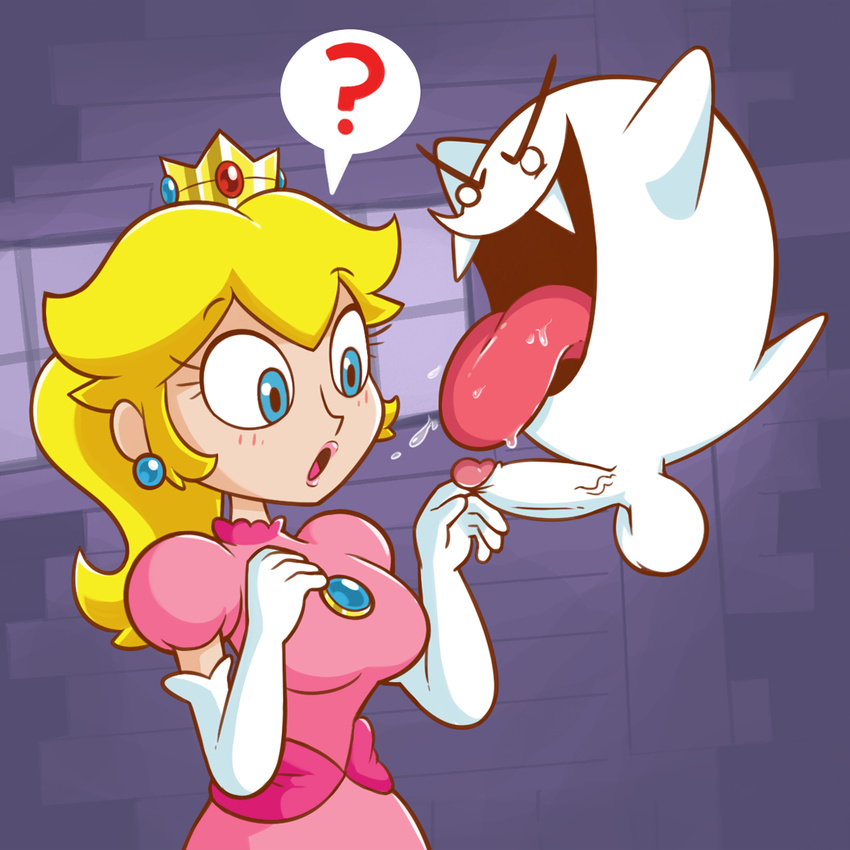 ? anthro balls blonde_hair blue_eyes blush boo_(mario) breasts clothing crown duo erection fangs female hair human male male/female mammal mario_bros miscon nintendo open_mouth penis princess_peach saliva video_games