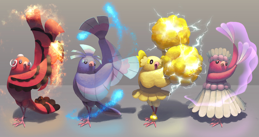 alternate_form bird blue_fire dancing electricity fire gen_7_pokemon grey_background highres multiple_persona no_humans one_eye_closed open_mouth oricorio pokemon pokemon_(creature) pom_poms simple_background t@kuyoa wings