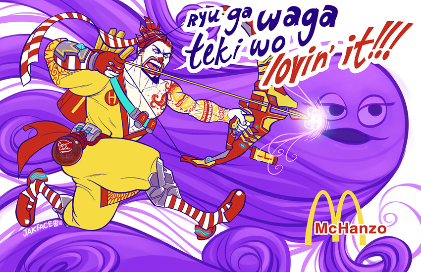 bow_(weapon) clown coca-cola crossover facepaint facial_hair flat_color food french_fries ghost gloves goatee gourd grimace_(mcdonald's) hanzo_(overwatch) jumping mcdonald's molly_nemecek muscle overwatch partly_fingerless_gloves product_placement quiver red_hair red_nose ronald_mcdonald shouting sideburns single_glove single_sleeve striped striped_legwear tattoo text_focus topknot weapon what