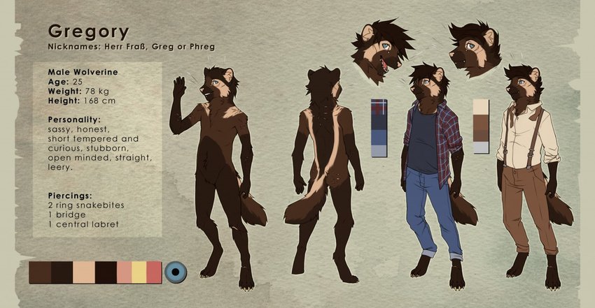 anthro clothed clothing diesel_wiesel english_text looking_at_viewer male mammal model_sheet multiple_images mustelid nude simple_background smile solo standing teeth text wolverine