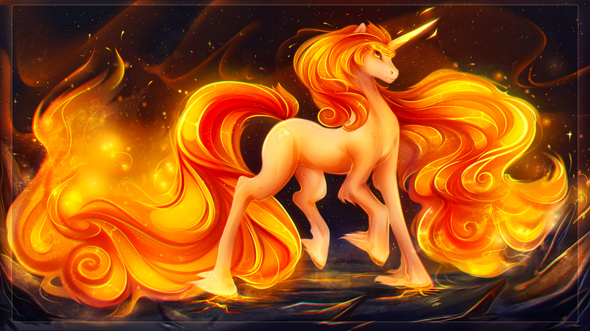 equine fan_character female feral flaming_hair fur hair hooves horn horse koveliana long_hair mammal my_little_pony orange_hair red_hair sharp_horn solo standing tan_fur unicorn yellow_eyes