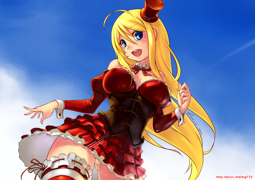 ahoge ass_visible_through_thighs bare_shoulders blonde_hair blue_eyes breasts chocolat_(noucome) cleavage corset covered_nipples detached_collar detached_sleeves dress frilled_dress frilled_legwear frills hair_between_eyes hat large_breasts long_hair looking_at_viewer michitoku mini_hat mini_top_hat open_mouth ore_no_nounai_sentakushi_ga_gakuen_love-comedy_wo_zenryoku_de_jama_shiteiru panties pantyshot red_dress ribbon-trimmed_legwear ribbon_trim sky solo strapless strapless_dress striped striped_legwear thighhighs top_hat underwear watermark web_address wrist_cuffs