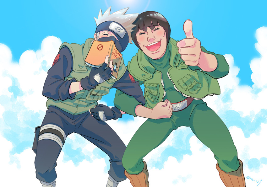 black_hair book closed_eyes forehead_protector gloves hatake_kakashi male_focus mask might_guy multiple_boys naruto naruto_(series) risuo silver_hair smile thumbs_up