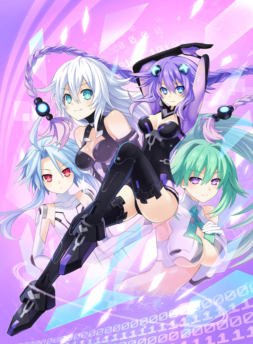ahoge aqua_eyes armor armpits arms_behind_head arms_up bangs bare_shoulders binary black_footwear black_gloves black_heart black_legwear black_leotard blue_eyes blue_hair blush bodysuit boots braid breasts breasts_apart bright_pupils center_opening choujigen_game_neptune cleavage cleavage_cutout closed_mouth covered_collarbone d-pad d-pad_hair_ornament elbow_gloves expressionless eyebrows_visible_through_hair flipped_hair floating_hair from_side frown full_body gloves glowing gradient gradient_background green_hair green_heart hair_between_eyes hair_intakes hair_ornament halterneck hand_on_own_chest headgear high_ponytail highres invisible_chair knee_up large_breasts leotard light_smile long_hair long_ponytail looking_at_viewer magical_girl medium_breasts multiple_girls neon_trim neptune_(series) non-web_source number official_art outstretched_arm parted_lips ponytail power_symbol purple_background purple_eyes purple_hair purple_heart red_eyes short_hair_with_long_locks sidelocks sitting sleeveless small_breasts smile symbol-shaped_pupils thigh_boots thighhighs transparent tsunako turtleneck twin_braids underboob upper_body very_long_hair white_gloves white_hair white_heart white_leotard