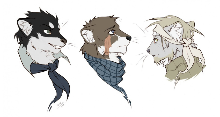 anthro bandanna clothed clothing diesel_wiesel fangs fur looking_at_viewer looking_back male mammal marten multiple_images mustelid simple_background smile teeth weasel white_background