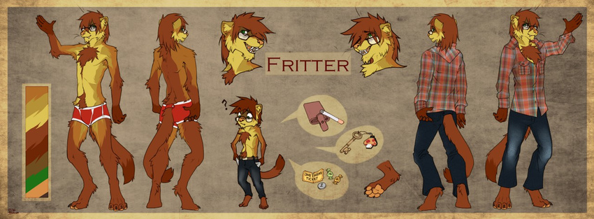 anthro armpit_hair chest_tuft clothed clothing diesel_wiesel english_text eyewear fangs ferret fur glasses hair looking_at_viewer male mammal model_sheet mostly_nude mustelid open_mouth simple_background smile solo standing teeth text tongue topless tuft