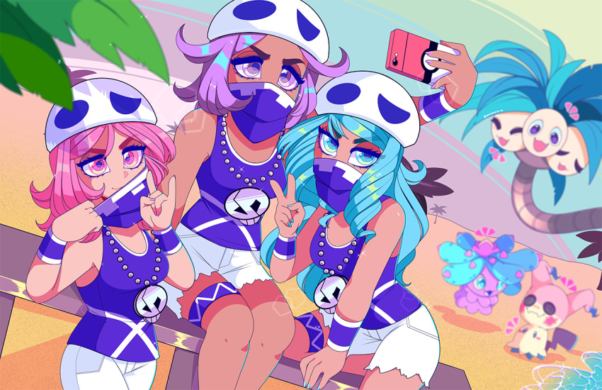 3girls \n/ aqua_eyes aqua_hair aqua_nails bandanna breasts cellphone covered_mouth cowboy_shot creatures_(company) exeggutor eyebrows_visible_through_hair eyes_visible_through_hair feet_out_of_frame game_freak gen_1_pokemon gen_7_pokemon hat jewelry long_hair mareanie medium_hair mimikyu multiple_girls nail_polish necklace nintendo outdoors phone pink_eyes pink_hair pink_nails poke_ball_theme pokemon pokemon_(game) pokemon_sm pulled_by_self purple_eyes purple_hair purple_nails queen_ashi self_shot shorts sitting sleeveless smartphone smartphone_case smile tank_top team_skull_grunt torn_clothes torn_shorts v white_shorts