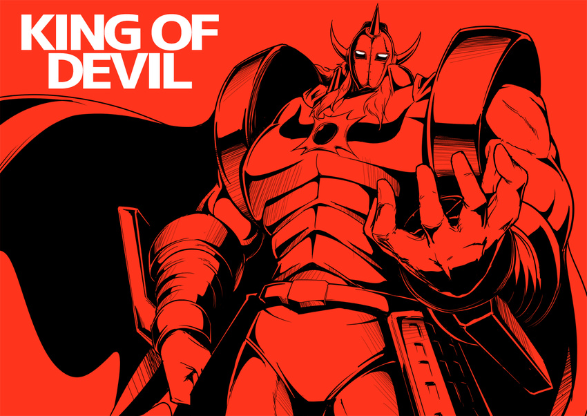 akuma_shogun armor cape character_request commentary_request english glowing glowing_eyes harukon_(halcon) horns kinnikuman limited_palette long_hair mask monochrome muscle outstretched_hand red_background shoulder_armor sketch wrist_guards