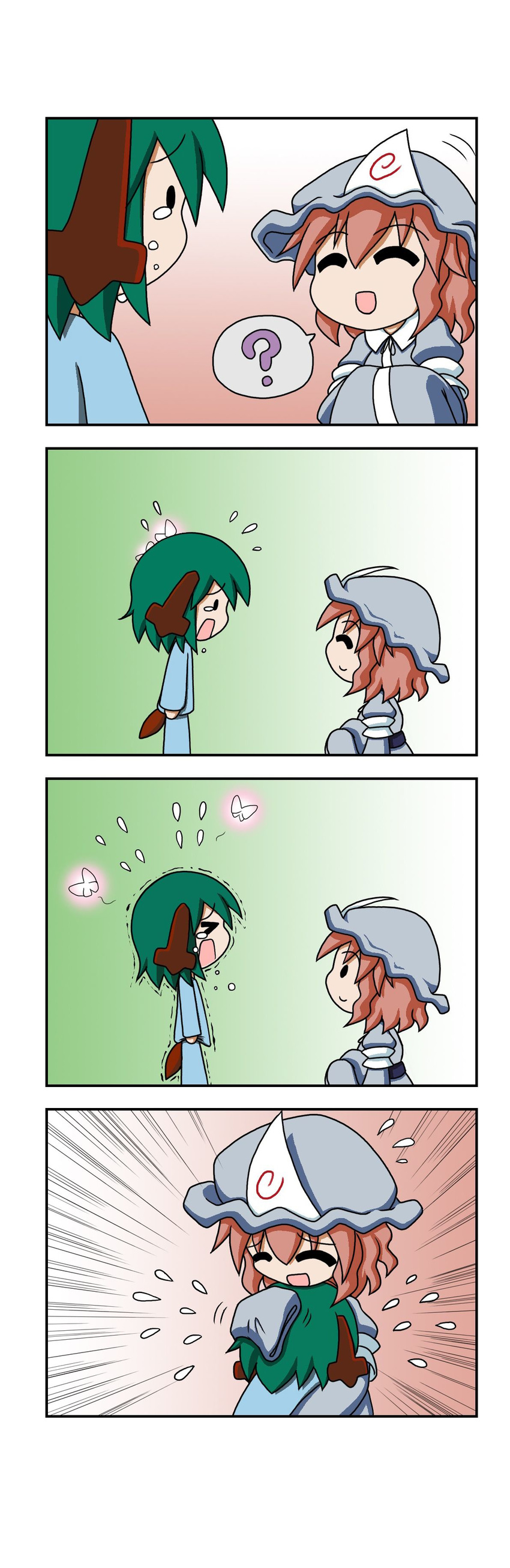 &gt;_&lt; 4koma :d ? ^_^ absurdres animal_ears bug butterfly closed_eyes comforting comic commentary_request crying dog_ears emphasis_lines flying_sweatdrops green_hair hand_on_another's_head hands_in_opposite_sleeves hat highres hug insect japanese_clothes kasodani_kyouko kimono mob_cap multiple_girls open_mouth pajamas pink_hair rakugaki-biyori saigyouji_yuyuko short_hair silent_comic smile solid_circle_eyes spoken_question_mark squatting tail tears touhou trembling triangular_headpiece