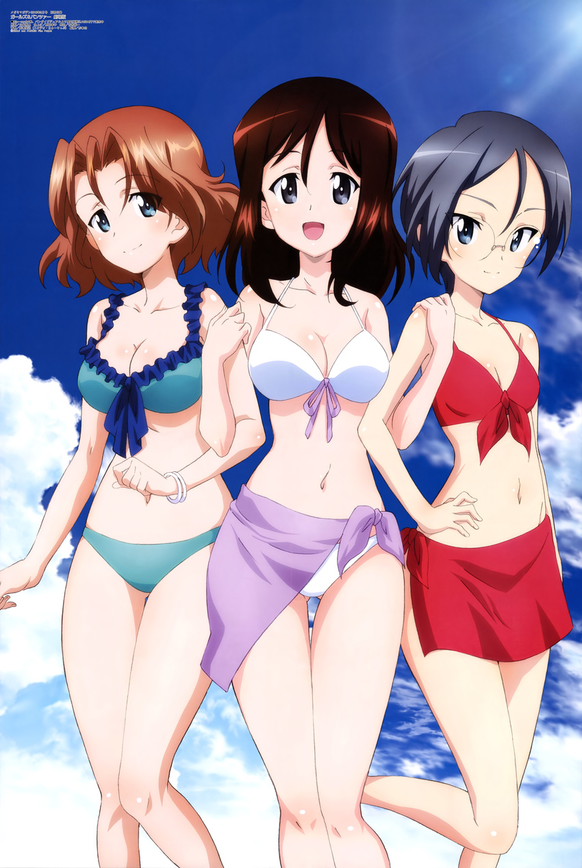 :d absurdres ass_visible_through_thighs azumi_(girls_und_panzer) bikini black_hair blue_bikini blue_eyes bracelet breasts brown_hair cleavage cloud day front-tie_top girls_und_panzer glasses grey_eyes hand_on_hip happy highres jewelry locked_arms looking_at_viewer magazine_scan medium_breasts megami megumi_(girls_und_panzer) multiple_girls navel official_art open_mouth red_bikini rumi_(girls_und_panzer) sarong scan sky small_breasts smile standing standing_on_one_leg swimsuit thigh_gap white_bikini yamaguchi_asuka