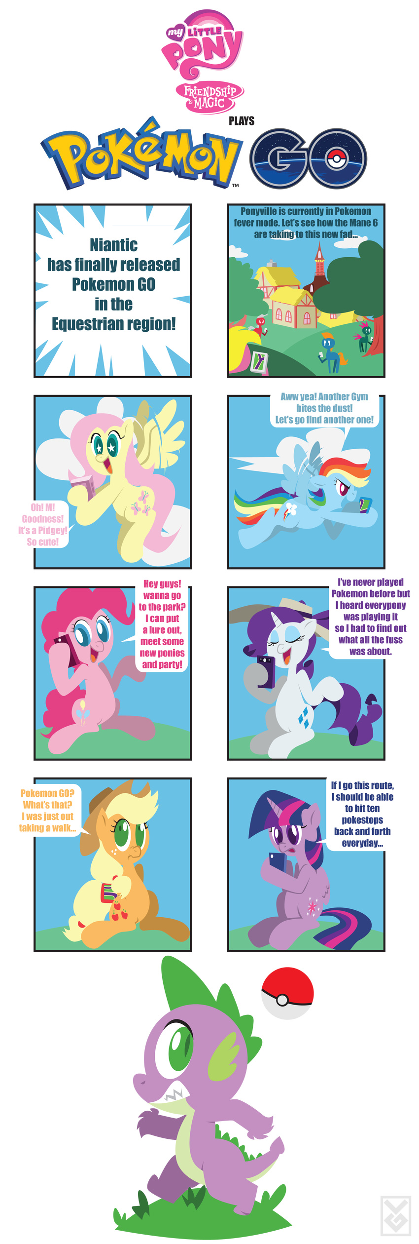 2016 applejack_(mlp) cellphone comic dialogue dragon english_text equine female fluttershy_(mlp) friendship_is_magic horn horse inspectornills male mammal my_little_pony pegasus phone pinkie_pie_(mlp) pok&eacute;mon_go pony ponyville rainbow_dash_(mlp) rarity_(mlp) spike_(mlp) text twilight_sparkle_(mlp) winged_unicorn wings