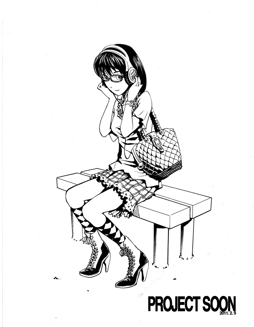 1girl boots full_body glasses listening looking_at_viewer monochrome plaid_skirt simple_background sitting skirt solo tnsdl85 white_background