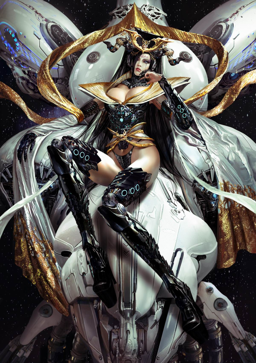 android azazel1944 blue_eyes breasts cleavage demon_girl detached_collar facial_mark forehead_mark highres horns large_breasts lips looking_at_viewer mecha platform_footwear platform_heels realistic sitting slit_pupils solo tiara