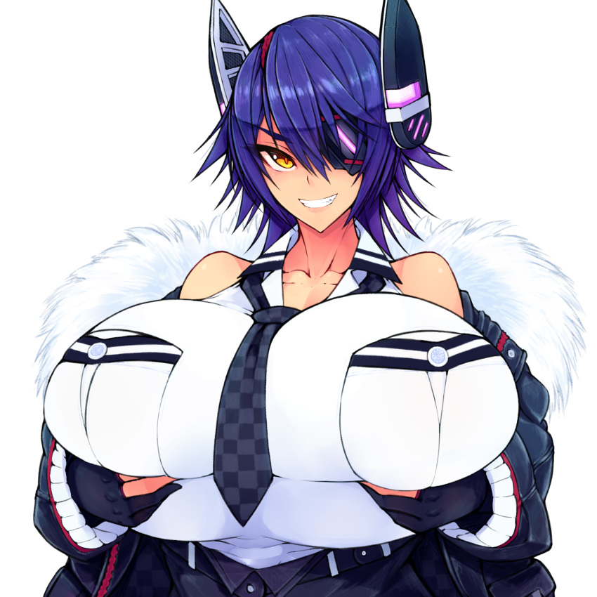 1girl absurdres bangs bare_shoulders black_gloves breast_hold breast_squeeze breasts checkered checkered_neckwear collarbone eyebrows_visible_through_hair eyepatch gloves grabbing grin hair_between_eyes headgear highres huge_breasts kantai_collection long_sleeves looking_at_viewer necktie partly_fingerless_gloves purple_hair self_fondle shirt short_hair simple_background smile solo teeth tenryuu_(kantai_collection) tokyokyoto upper_body white_background yellow_eyes