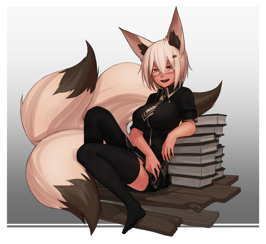 1girl animal_ears black_legwear black_shirt blonde_hair book_stack fox_ears fox_tail glasses hair_ornament hairclip kitsune less looking_at_viewer multiple_tails necktie no_shoes open_mouth original pen pink_eyes semi-rimless_glasses shirt short_hair sitting skirt solo tail thighhighs under-rim_glasses