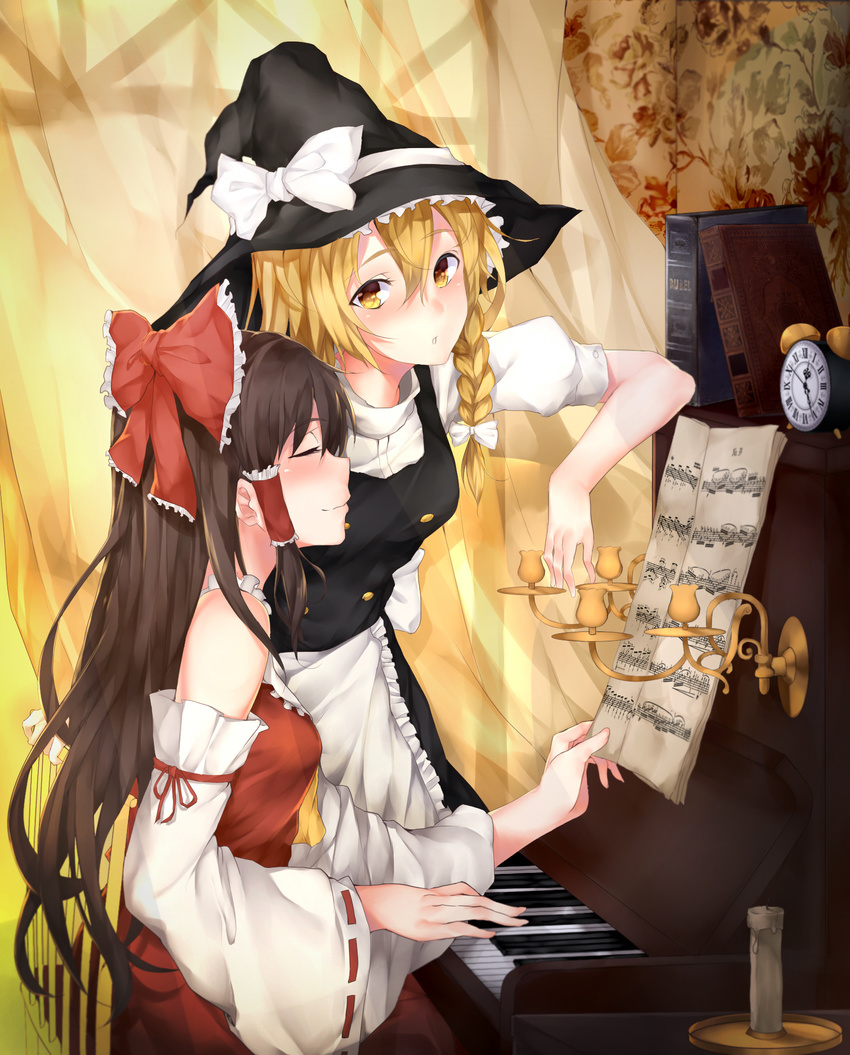 alarm_clock analog_clock apron bangs bare_shoulders beamed_sixteenth_notes black_dress blonde_hair blush bow braid brown_hair buttons candle candlestand clock closed_eyes curtains detached_sleeves dress fine_art_parody flat_sign hair_between_eyes hair_bow hair_ribbon hair_tubes hakurei_reimu hat hat_bow highres instrument kirisame_marisa long_hair looking_at_another multiple_girls music musical_note nontraditional_miko parody piano playing_instrument profile puffy_sleeves quarter_note ribbon ribbon-trimmed_sleeves ribbon_trim rokukatamari sheet_music side_braid sidelocks single_braid smile touhou treble_clef waist_apron white_bow witch_hat