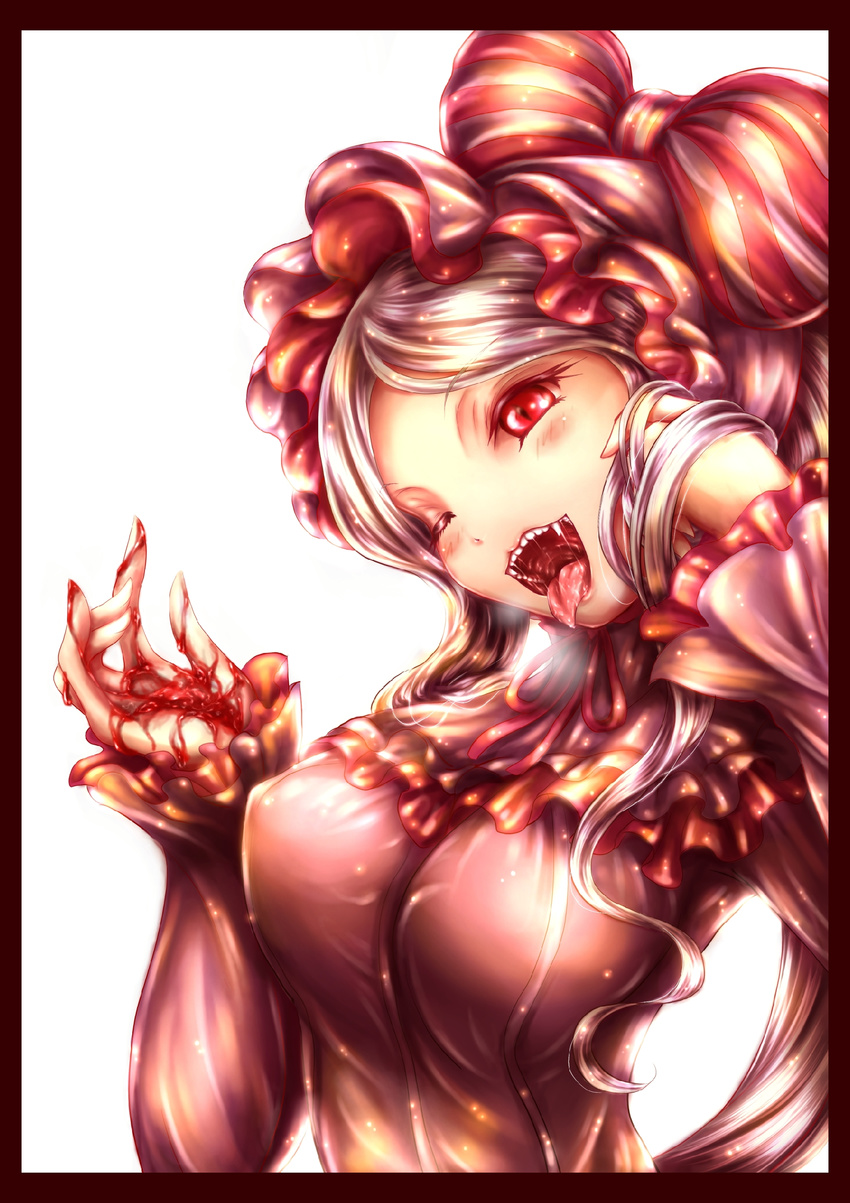 1girl blood blush breasts fang frills gray_hair hat long_hair one_eye_closed open_mouth overlord_(maruyama) ponytail red_eyes ribbon shalltear_bloodfallen solo vampire yunomoto_chihiro