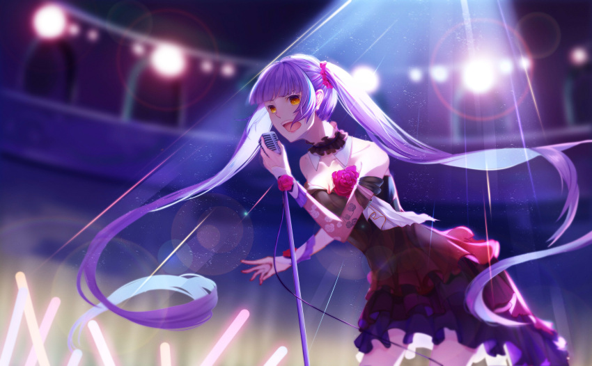 1girl :d absurdres bangs bare_shoulders black_dress blunt_bangs blurry blurry_background breasts brown_eyes cleavage detached_collar dress floral_print flower glowstick highres holding holding_microphone indoors leaning_forward lens_flar microphone microphone_stand official_art open_mouth rastar small_breasts smile solo spotlight twintails