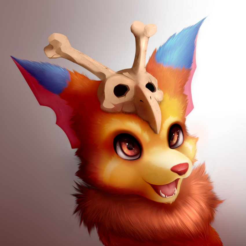 big_ears brown_eyes cub fur gnar_(lol) league_of_legends male mane meraence open_mouth orange_fur portrait simple_background skull smile solo teeth tongue video_games yordle young