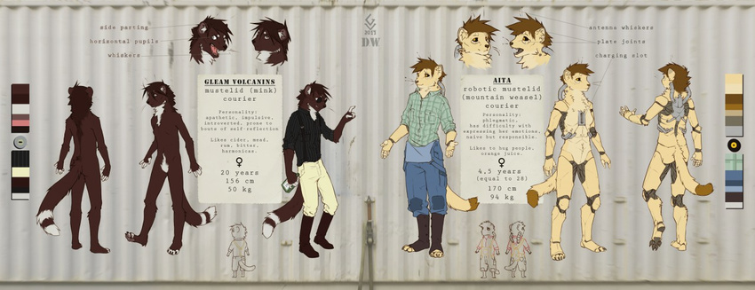 android anthro clothed clothing diesel_wiesel duo english_text fangs female fur hair hybrid looking_at_viewer machine mammal mink model_sheet mustelid nude open_mouth robot simple_background smile standing teeth text tongue volcanins weasel