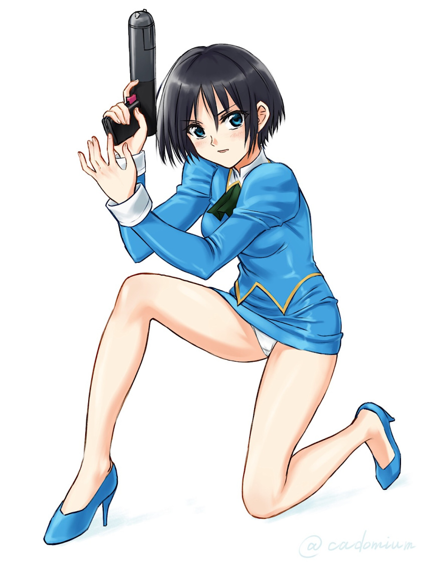 1girl agent_aika aika_(series) arms_up artist_name bangs black_hair black_neckwear blue_delmo blue_eyes blue_footwear blue_jacket blue_skirt blush breasts cadomium commentary_request cravat crotch_seam delmogeny_uniform extra eyebrows_visible_through_hair full_body gun high_heels highres holding holding_gun holding_weapon jacket juliet_sleeves kneeling legs long_sleeves medium_breasts panties pantyshot pantyshot_(kneeling) pencil_skirt puffy_sleeves shoes simple_background skirt solo taut_clothes thighs trigger_discipline underwear uniform weapon white_background white_panties