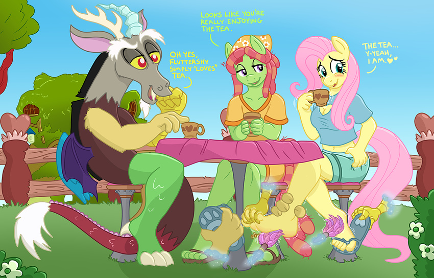 2016 anthro anthrofied blush caroo dialogue discord_(mlp) draconequus english_text equine female fluttershy_(mlp) foot_fetish friendship_is_magic horse male mammal my_little_pony pony text tickling tree_hugger_(mlp)