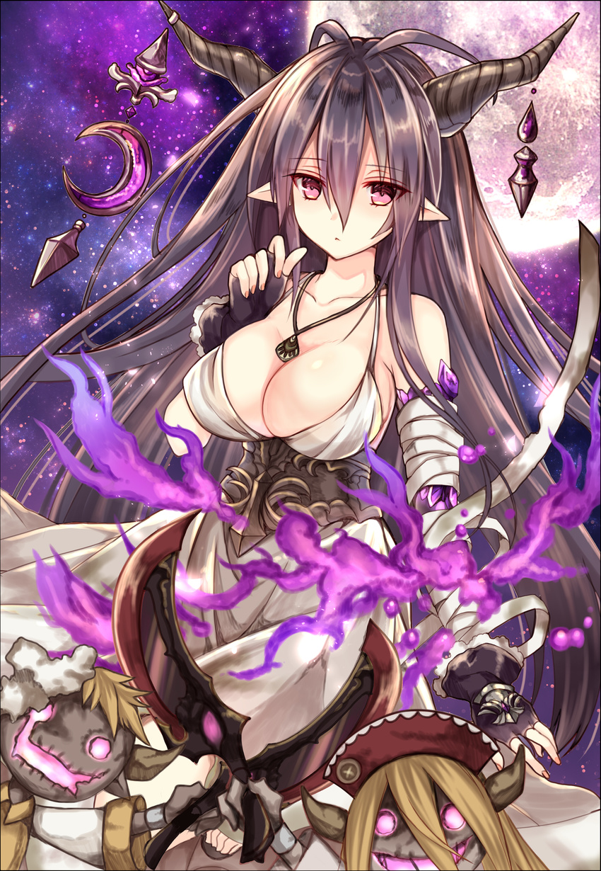 absurdres antenna_hair bad_id bad_pixiv_id bandaged_arm bandages bare_shoulders black_gloves black_hair blush breasts cleavage collarbone commentary_request cowboy_shot crescent danua draph dress fingerless_gloves full_moon gloves granblue_fantasy gretel_(granblue_fantasy) hair_between_eyes hansel_(granblue_fantasy) highres horn_ornament jewelry large_breasts long_hair looking_at_viewer moon necklace nozomi_fuuten pink_eyes pointy_ears sky solo star_(sky) starry_sky stuffed_toy twitter_username underbust white_dress